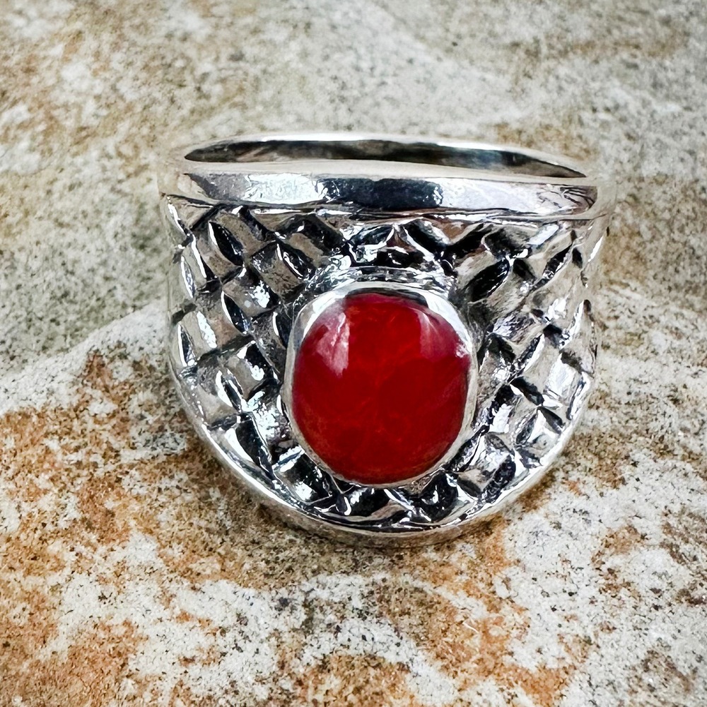 Sterling Silver Red Coral Ring Statement Band Textured‎ Boho Jewelry 925 Sz 6